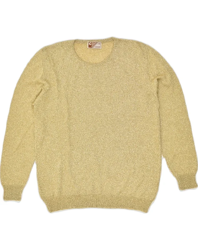 VINTAGE Womens Crew Neck Jumper Sweater UK 14 Medium Gold Satin Blend Silk Blend Wool Blend