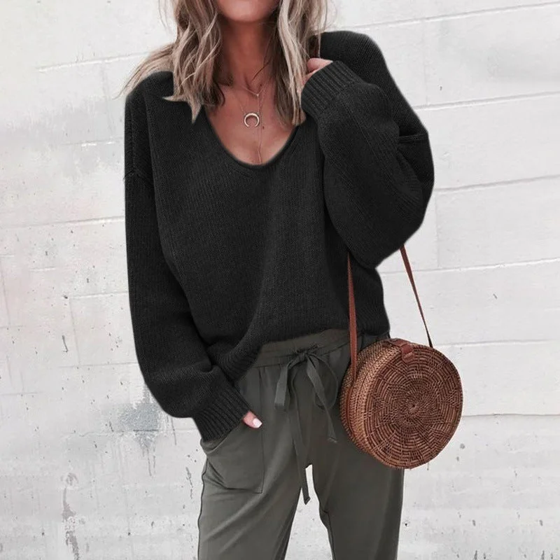 Monique® | Loose Sweater with V-neck Notch Collar Peter Pan Collar Cowl Neck