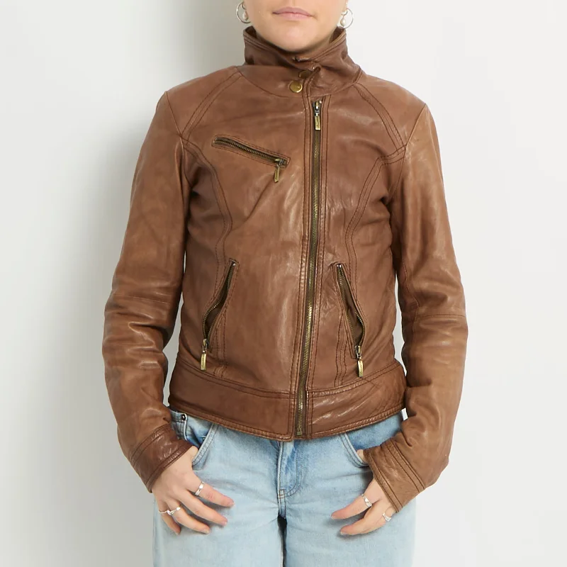 Faux Leather Biker Jacket - UK 6 Notch Collar Peter Pan Collar Cowl Neck