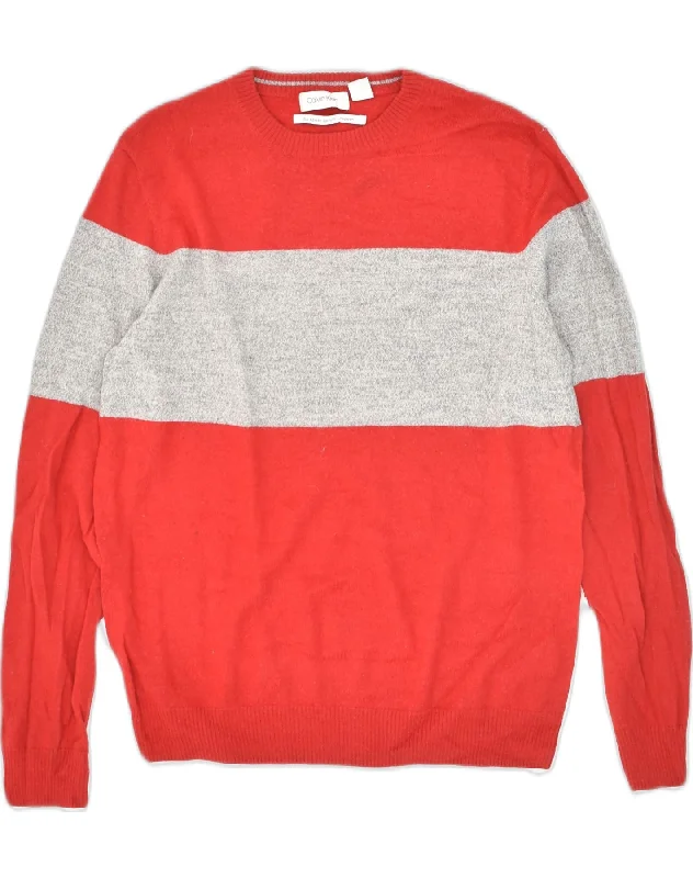 CALVIN KLEIN Womens Crew Neck Jumper Sweater UK 16 Large Red Colourblock Machine Wash Dry Clean Hand Wash