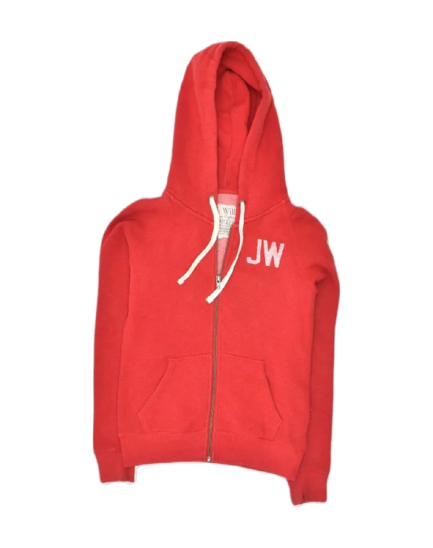 JACK WILLS Womens Graphic Zip Hoodie Sweater UK 8 Small  Red Polyester Mesh Sweater Canvas Denim