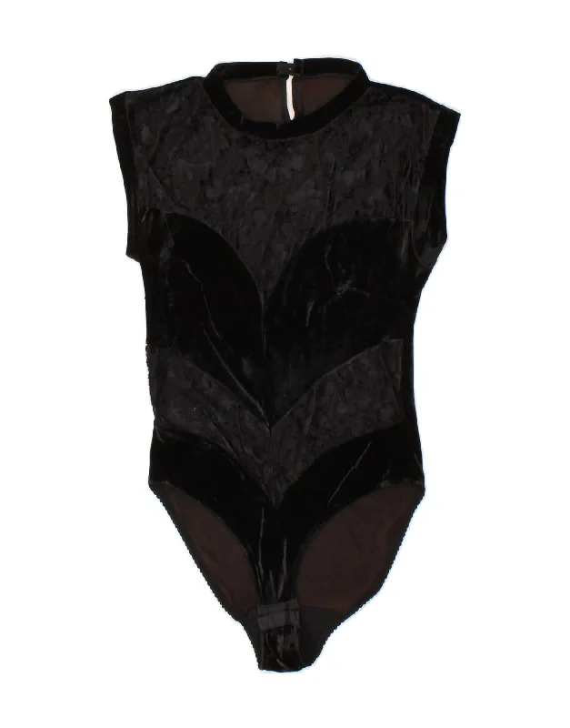 VINTAGE Womens Velvet Bodysuit UK 8 Small Black Colourblock Fashionable Square Neck Bodysuit