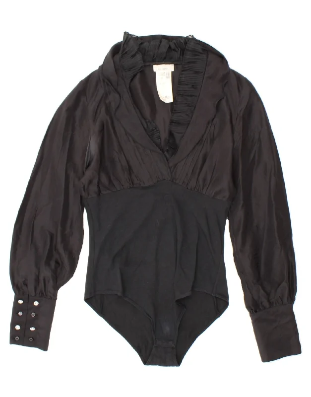 PINKO Womens Long Sleeve Bodysuit UK 10 Small Black Silk Trendy Sheer Lace Bodysuit