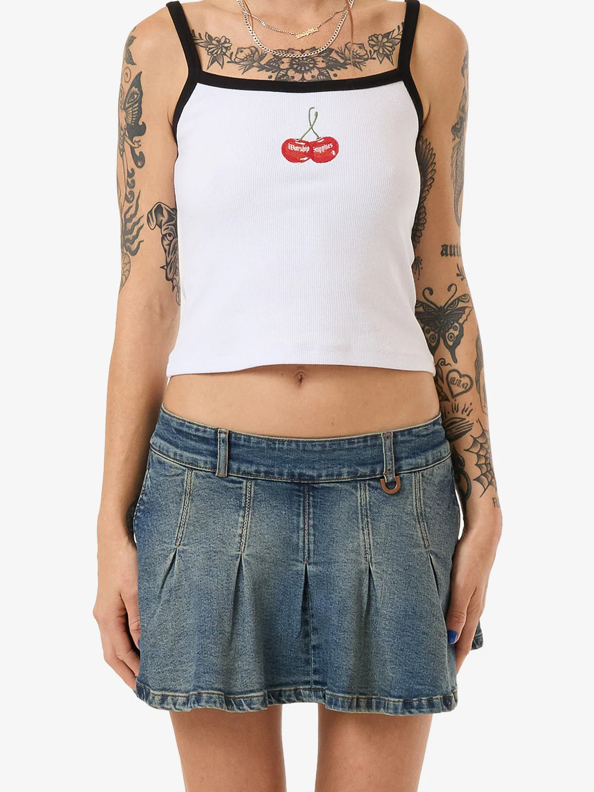 WORSHIP Fast Lane Womens Pleated Denim Mini Skirt - Dirty Mid Blue linen skirt relaxed