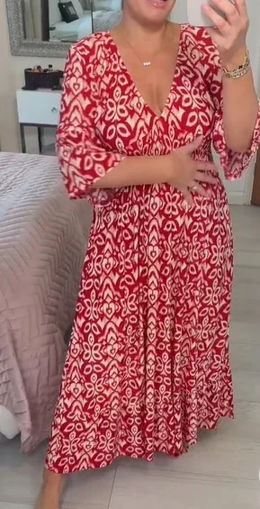 Clevecorner™ Bohemian casual print V-neck waist wrap long dress A-Line Day Work