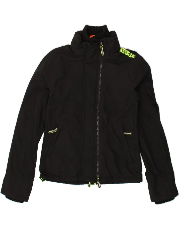 SUPERDRY Womens The Windcheater Windbreaker Jacket UK 14 Medium Black Welt Pockets Slit Pockets Flap Pockets