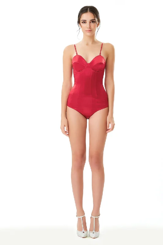 Silk Satin Corseted Bodysuit in Red Trendy Bodysuit with Zipper