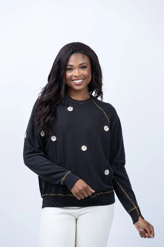 The Great. The College Sweatshirt in Almost Black with Daisy Embroidery Cotton Hoodie Fleece Lining Warmth