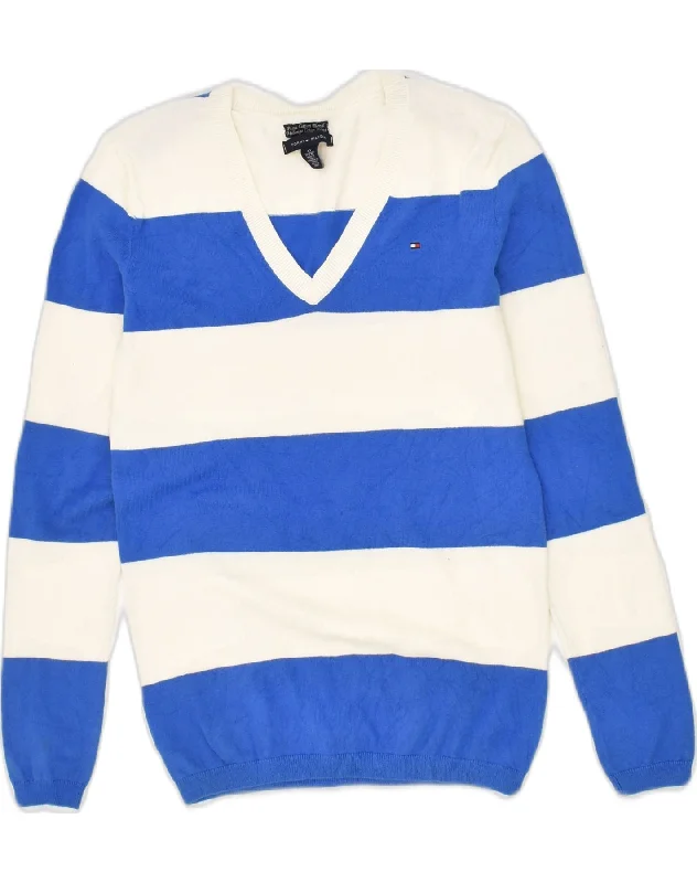 TOMMY HILFIGER Womens V-Neck Jumper Sweater UK 6 XS Blue Striped Cotton Rayon Fabric Velvet Fabric Corduroy Fabric