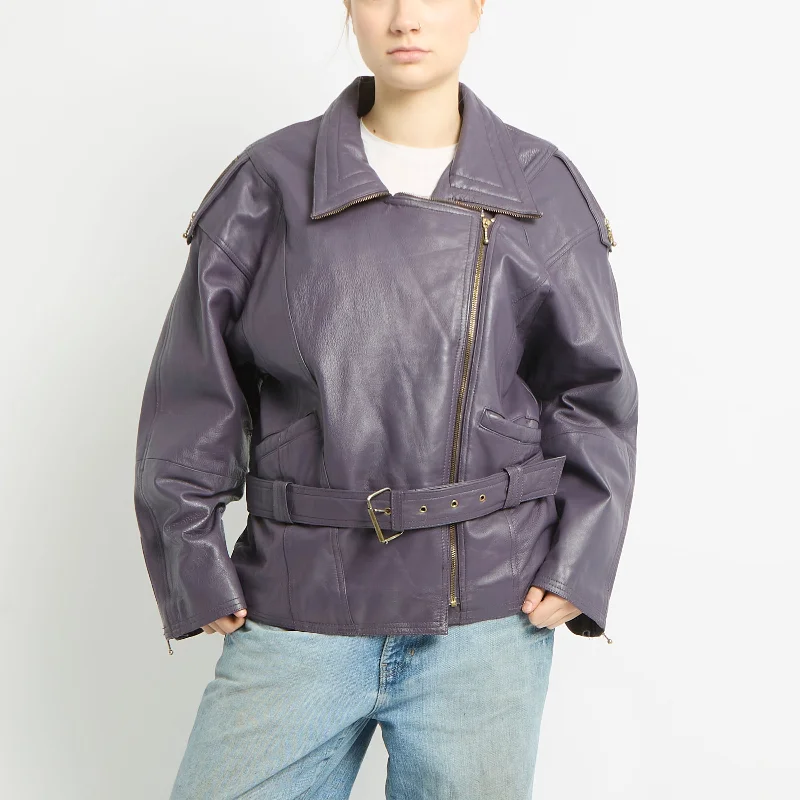 Leather Belted Jacket - L Notch Collar Peter Pan Collar Cowl Neck
