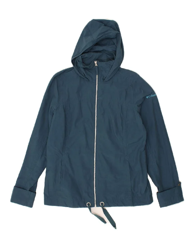 COLUMBIA Womens Hooded Rain Jacket UK 16 Large Blue Cotton Front Pockets Side Pockets Patch Pockets