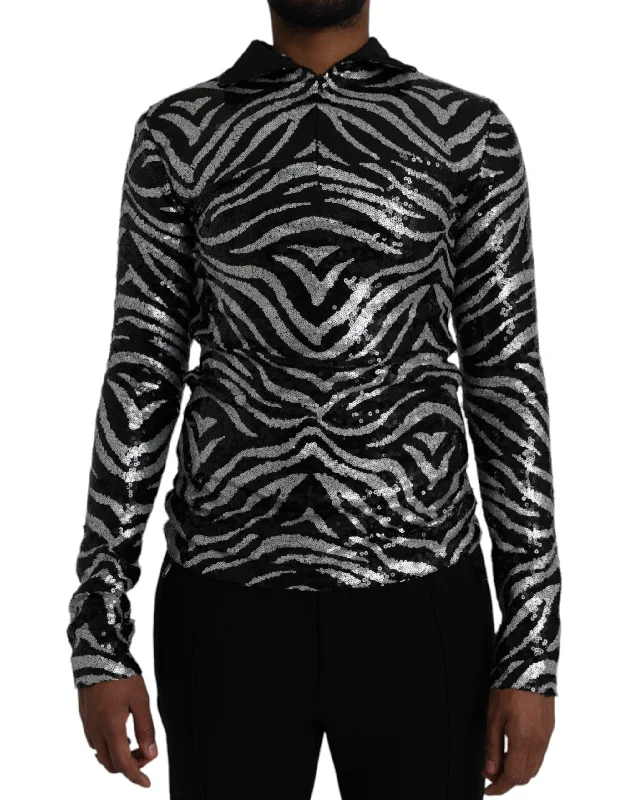 Black Silver Sequined Polyester Sweater Hooded Sweater Collared Sweater Shawl Collar