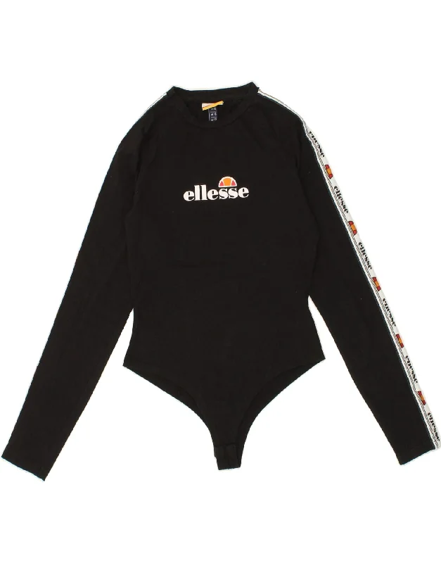 ELLESSE Womens Graphic Long Sleeve Bodysuit UK 10 Small Black Colourblock Comfortable Ribbed Bodysuit