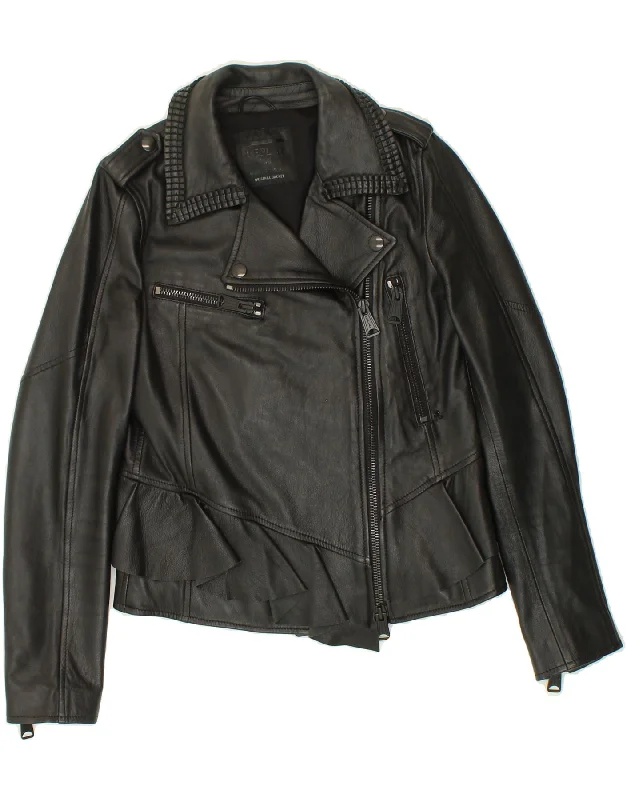REPLAY Womens Leather Biker Jacket UK 10 Small Black Fitted Jacket Loose Jacket Oversized Jacket
