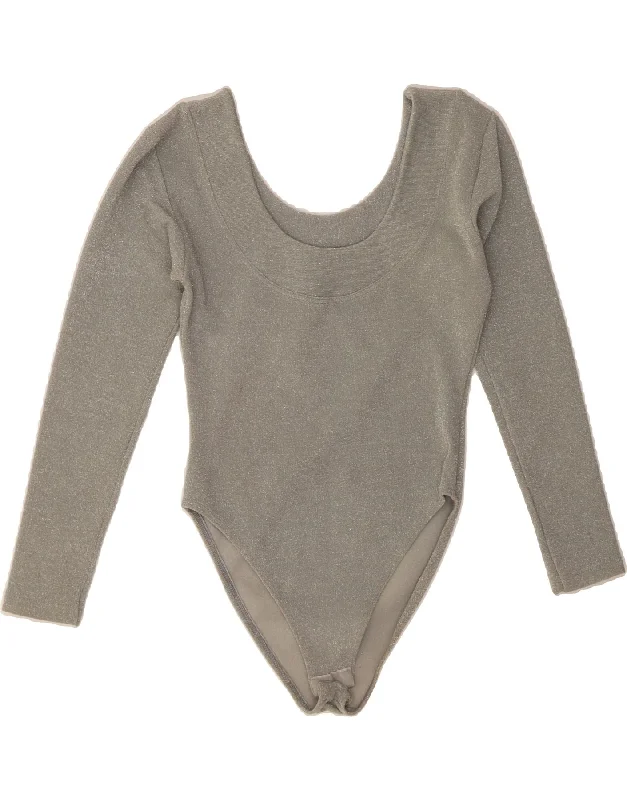 VINTAGE Womens Bodysuit UK 6 XS Grey Viscose Elegant Bodysuit with Floral Embroidery