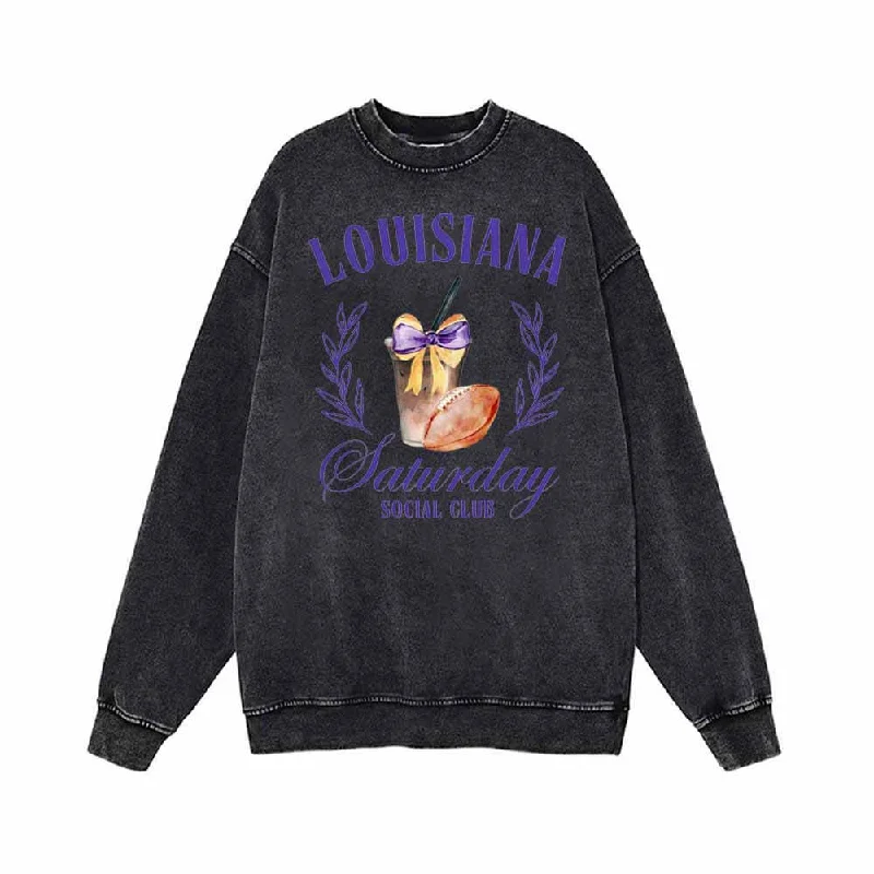 Louisiana Saturday Social Club Sweatshirt Hoodie with Frayed Bohemian Relaxed
