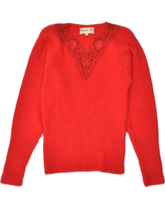 VINTAGE Womens V-Neck Jumper Sweater UK 14 Large Red Lambswool Chenille Blend Fleece Blend Nylon Blend