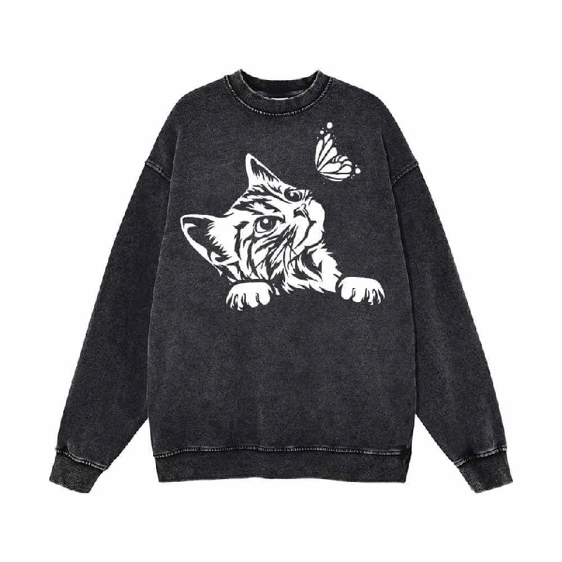 Cute Cat Curious Kitten With Butterfly Vintage Washed Sweatshirt Hoodie with Raglan Sleeves Sporty Comfortable