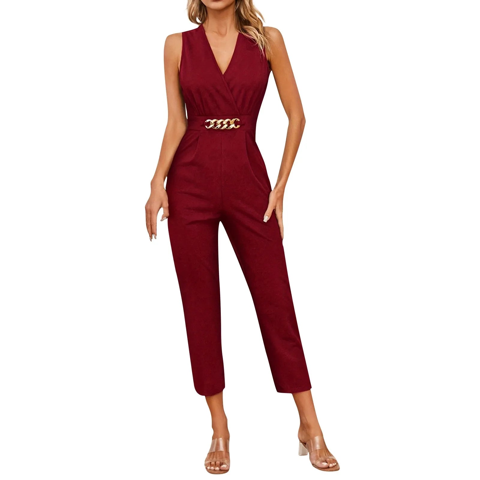 Women's Sleeveless Jumpsuit Solid Color Overall Bodysuit Clothing Office Style V-neck Lace-up Jumpsuits High Waist Belt Pants Trendy Bodysuit with Halter Neckline