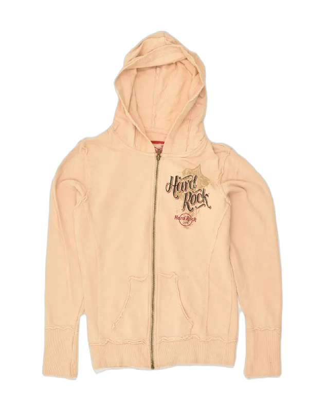 HARD ROCK CAFE Womens Graphic Zip Hoodie Sweater UK 8 Small Beige Cotton Welt Pockets Slit Pockets Flap Pockets