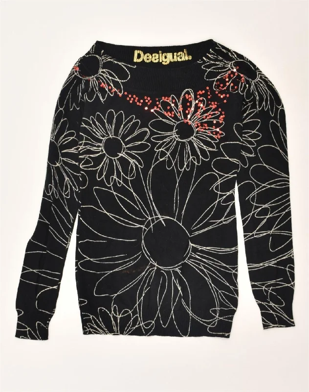 DESIGUAL Womens Graphic Boat Neck Jumper Sweater UK 8 Small Black Floral Boat Neck Shawl Collar Notched Collar
