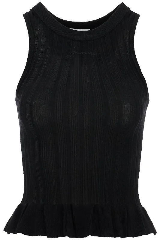 Ribbed Knit Tank Top With Spaghetti Straps  - Black strappy tank top