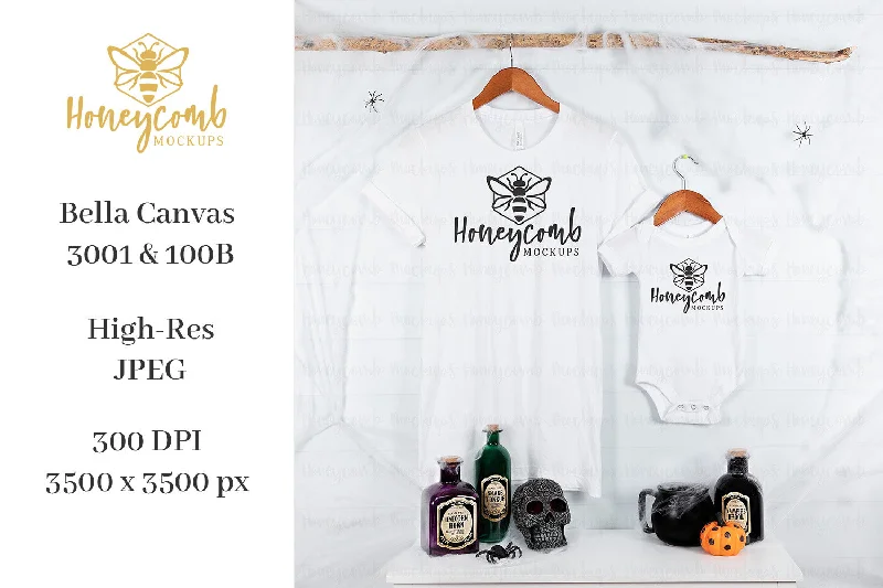 Halloween Mommy and Me Mockup, Mom and Baby Matching Mockup, White Bella Canvas 3001, 100B Mockup, Baby Bodysuit Mockup, Halloween Mockup Fashionable Embellished Bodysuit