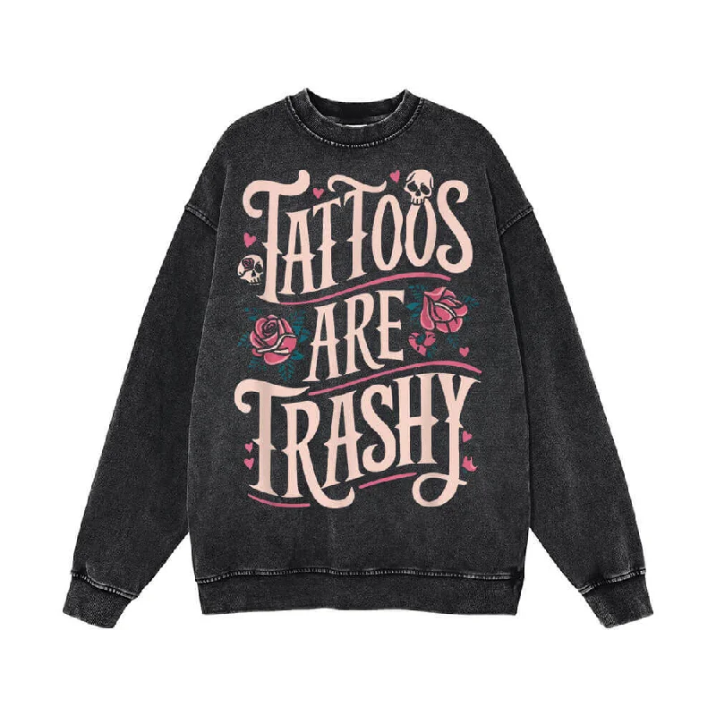 Tattoos Are Trashy Skull Rose Vintage Washed Sweatshirt Hoodie with High-Low Hem Asymmetrical Trendy