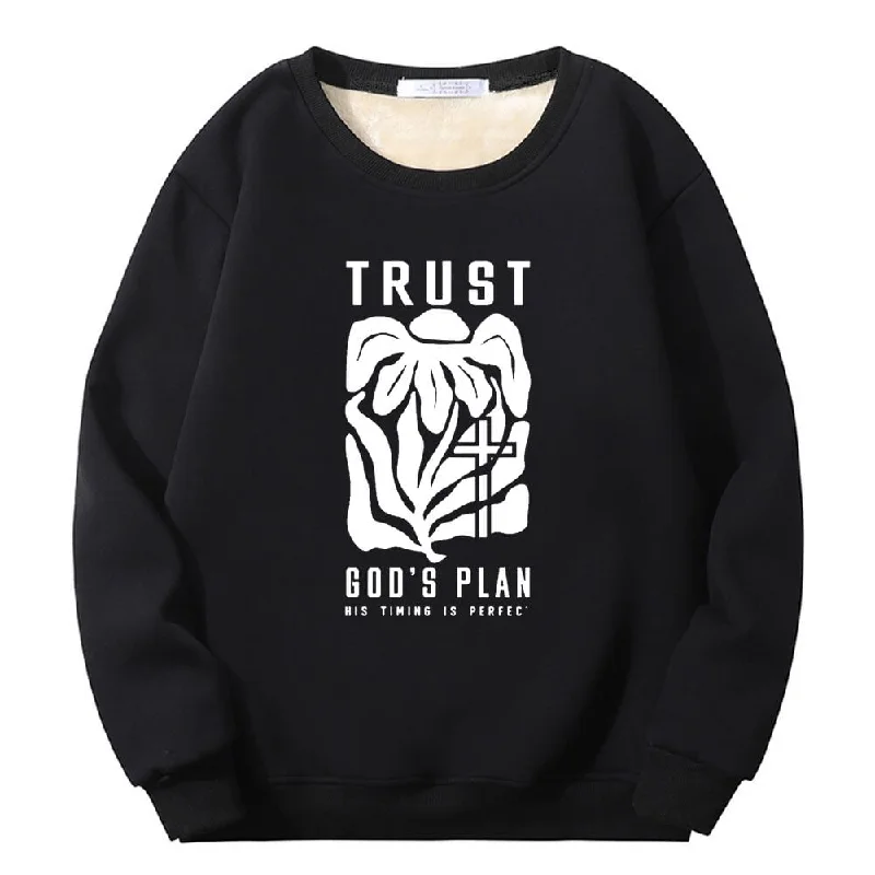Trust God’s Plan Floral Cross Crew Collar Fleece Sherpa Sweatshirt Hoodie with Slim Fit Tailored Modern