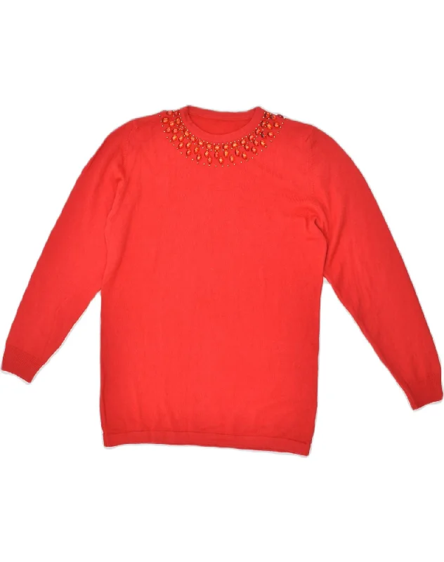 VINTAGE Womens Crew Neck Jumper Sweater UK 14 Medium Red Wool Oversized Loose Flowy