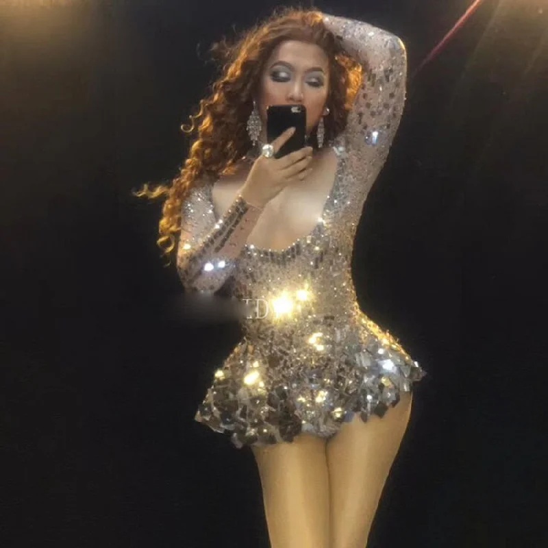 Shining Mirrors Stone Dress Female Singer Dancer Bright Bodysuit Costume One-piece Nightclub Dress Oufit Party Dresses Comfortable Bodysuit for Layering
