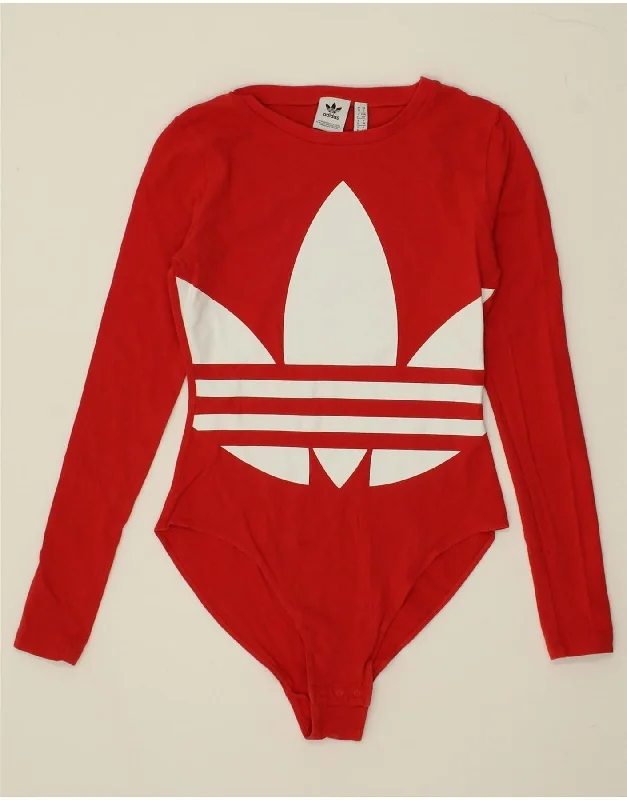 ADIDAS Womens Graphic Long Sleeve Bodysuit UK 10 Small Red Cotton Comfortable Bodysuit with Thong Back