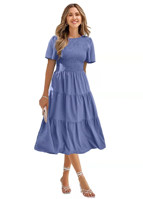 Women's Round Neck Smocked Short Sleeve Casual Dress Tunics Lace romantic