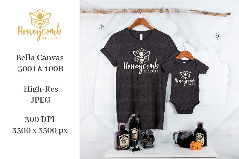 Halloween Mommy and Me Mockup, Mom and Baby Matching Mockup, Bella Canvas 3001 Heather Dark Grey, 100B Mockup, Baby Bodysuit Mockup, Halloween Mockup Stylish Backless Bodysuit