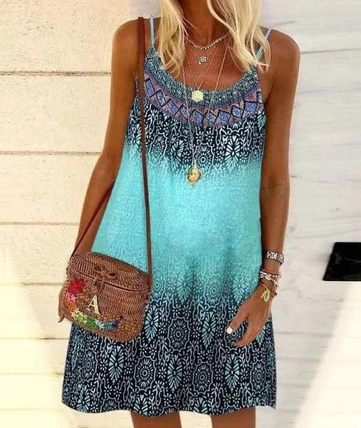 Summer Printed Loose Strap Chiffon Dress Tunics Short Trendy
