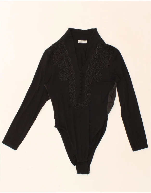 VINTAGE Womens Bodysuit UK 10 Small Black Stylish Bodysuit for Party