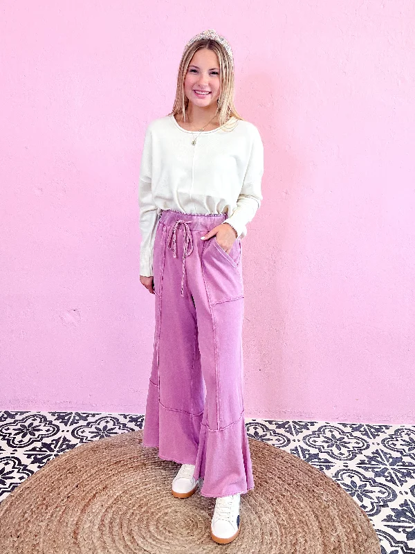 Comfy Terry Knit Wide Leg Pants Sleek Black Pants