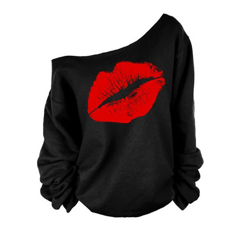Red White Lips Offset Print Women Tops Long Sleeve Loose Fit Tee Shirts Plus Size Laies Fashion Sweatshirt Arrival Hoodie with Turtle Neck Cozy Winter