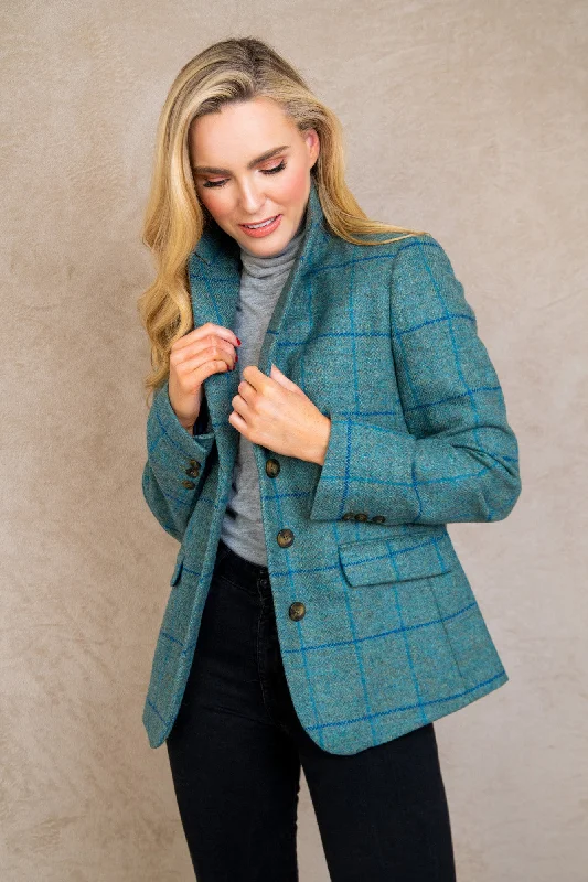 Tara Tweed Hacking Jacket - Light Teal Check Tiered Jacket Buttoned Jacket Zippered Jacket