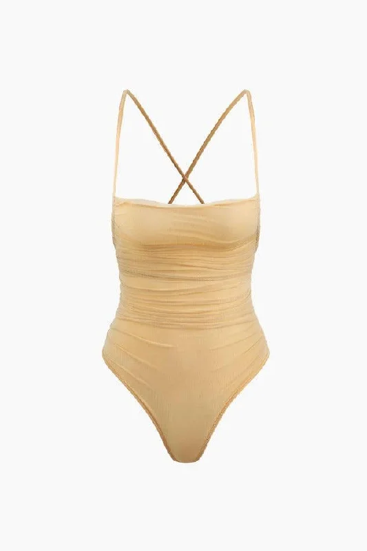 Cross Tie Strap Mesh Bodysuit Trendy Bodysuit with Cutouts