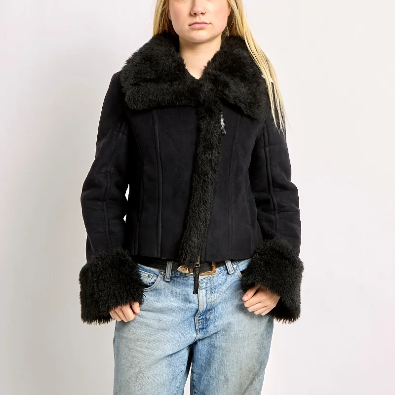 Fur Trimmed Jacket With Front Pockets - L Embroidered Jacket Appliqued Jacket Beaded Jacket