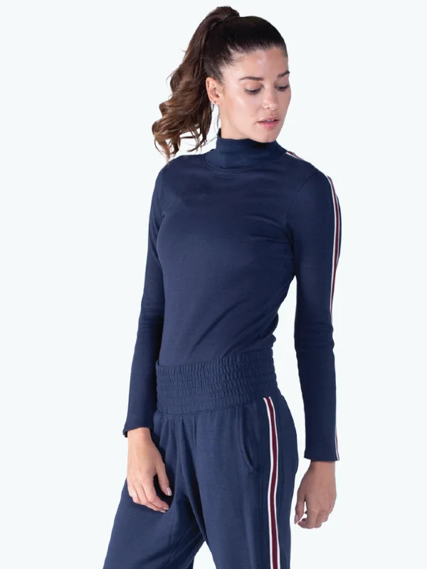 Apres Turtleneck Sweater Stripe Denim Fabric Leather Fabric Suede Fabric
