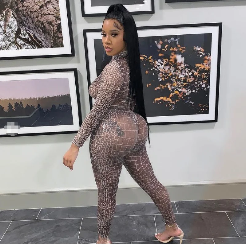 Crocodile Skin Pattern Mesh Bodysuit Stylish Draped Bodysuit