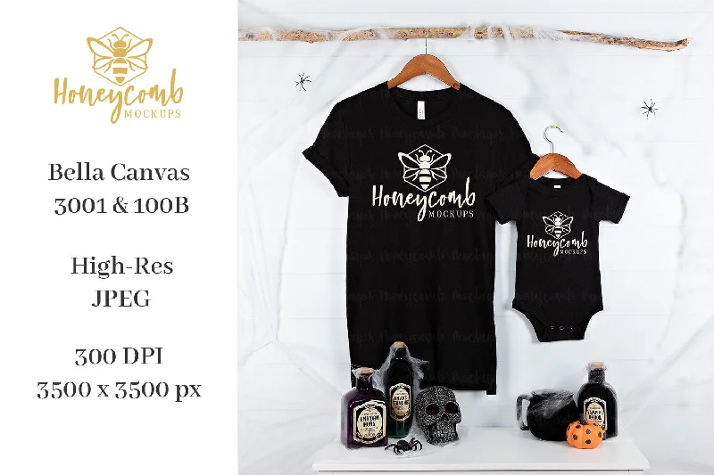 Halloween Mommy and Me Mockup, Mom and Baby Mockup, Bella Canvas 3001 Black, 100B Black, Baby Bodysuit Mockup, Matching Mockup, Halloween Mockup Stylish Plunging Neck Bodysuit