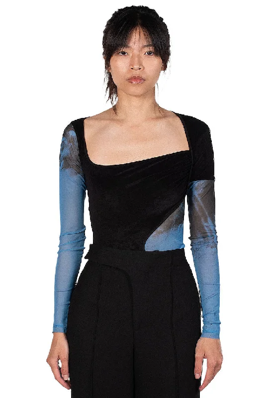 Blue Printed Mesh Velvet Panelled Bodysuit Trendy Mesh Bodysuit