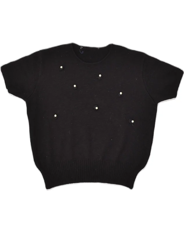 VINTAGE Womens Short Sleeve Crew Neck Jumper Sweater UK 14 Medium Black Tailored Straight A-Line