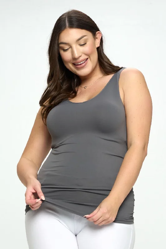 'YELETE' Women's Reversible V/U Neck Tank Top - Charcoal (Plus Size) loose fit tank