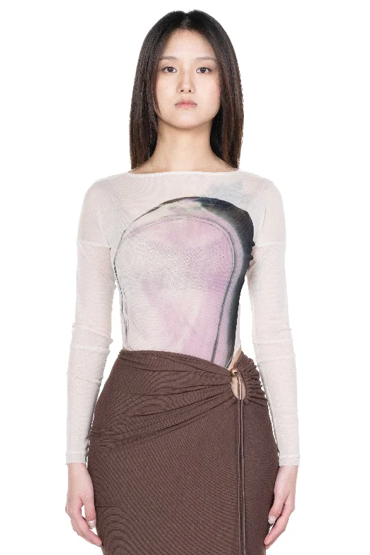Printed Mesh Bodysuit Pink Fashionable Bodysuit with Frill Detail