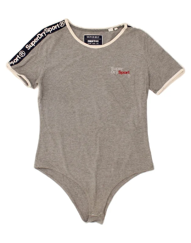 SUPERDRY Womens Graphic Bodysuit UK 14 Large Grey Cotton Trendy Bodysuit with Frills