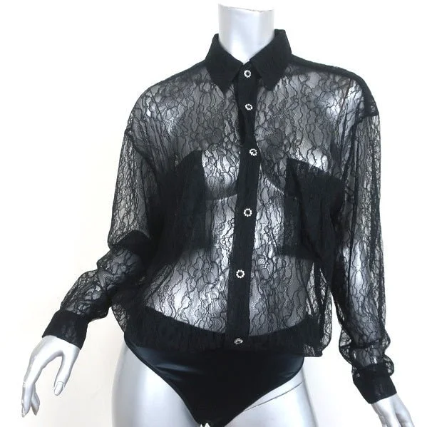 Faith Connexion Lace Bodysuit Blouse Black Size Medium Long Sleeve Top NEW Trendy Floral Print Bodysuit